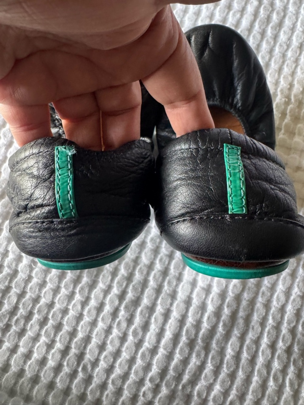 Tieks Black Leather Foldable Ballet Flats with Teal Accent - Picture 4 of 9